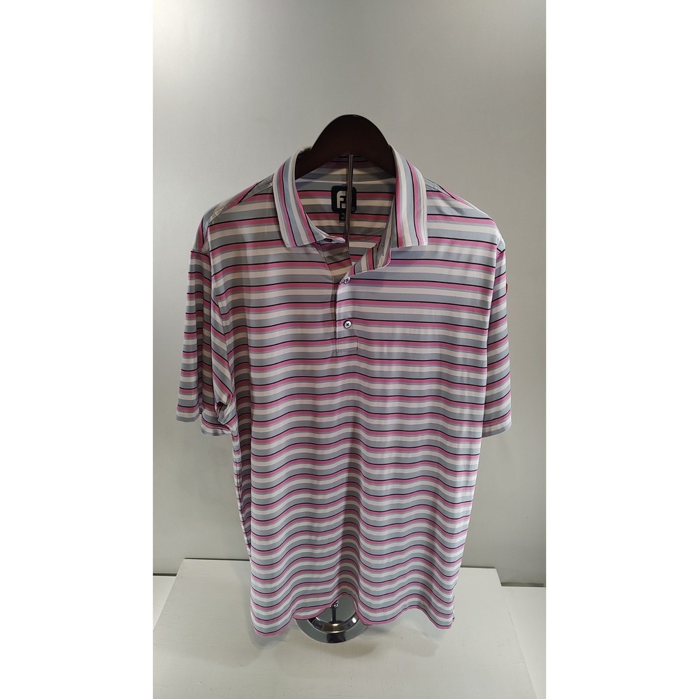 Footjoy Golf Polo Shirt Mens Sz. L White Gray Pink Striped The Golf Club Logo